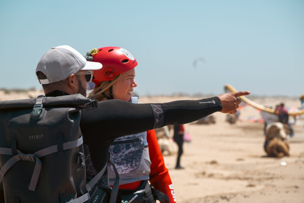 kite instructor in Essaouira Morocco with Kite Maroc providing feedback during private kite surf lesson